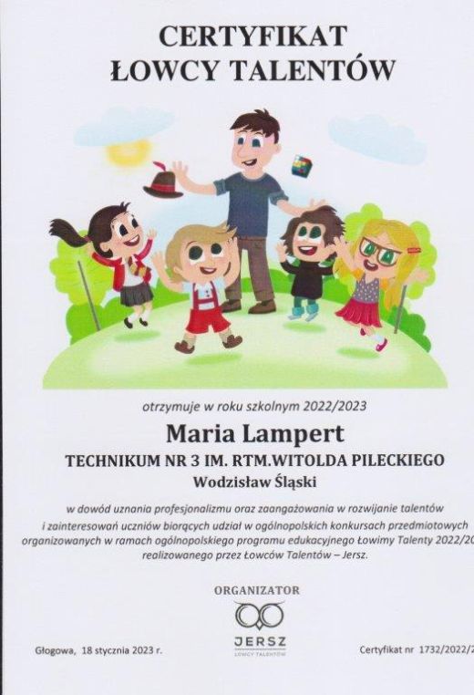 Dyplom za udział w projekcie Łowimy Talenty Jersz